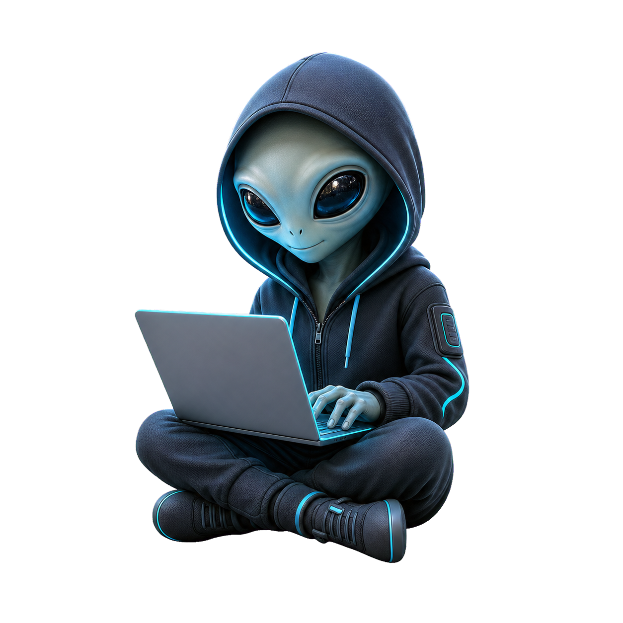 A small hooded alien working on a laptop